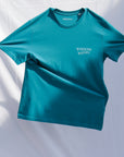 blue organic cotton t-shirt with print on front and back