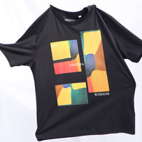 black organic cotton t-shirt with print at front 