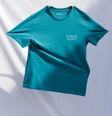 blue organic cotton t-shirt with print on front and back 